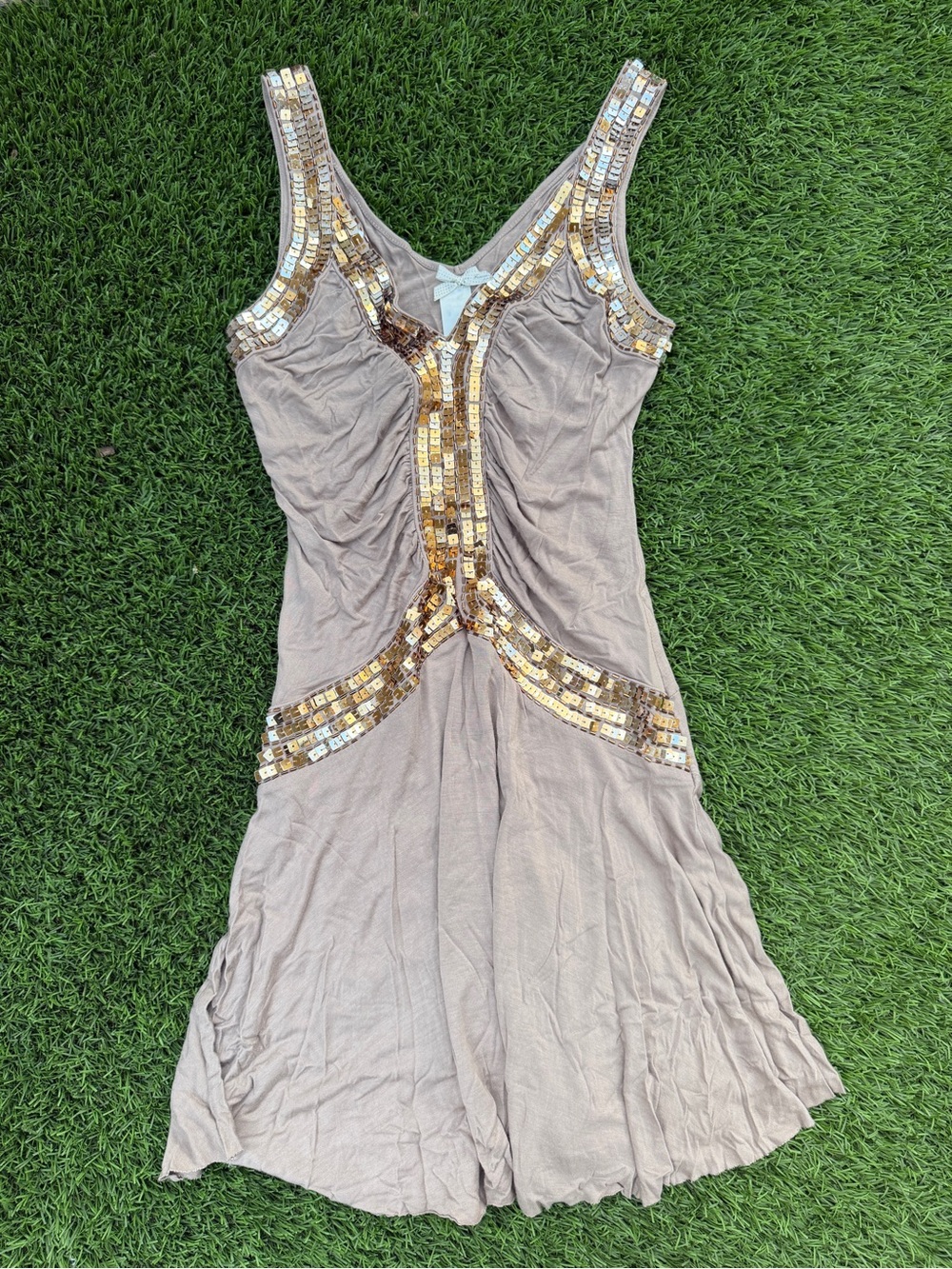 Forever 21 Taupe Midi Dress with Gold Sequin Trim